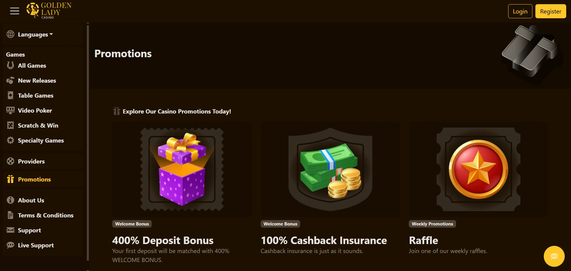 Golden Lady bonus section showing the welcome offer