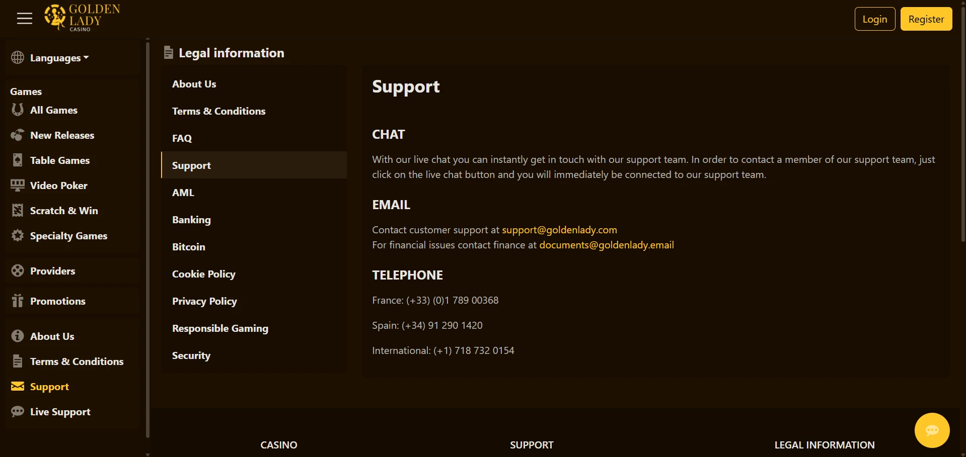 Golden Lady support page with live chat and contact options